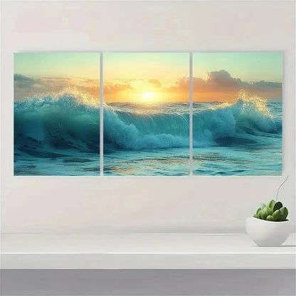 3pcs Green Nautical Beach Ocean Wave EU   Wall Art Set Canvas Framed 50x70cm - High Quality Print 100% Australian Made Wall Canvas Ready to Hang