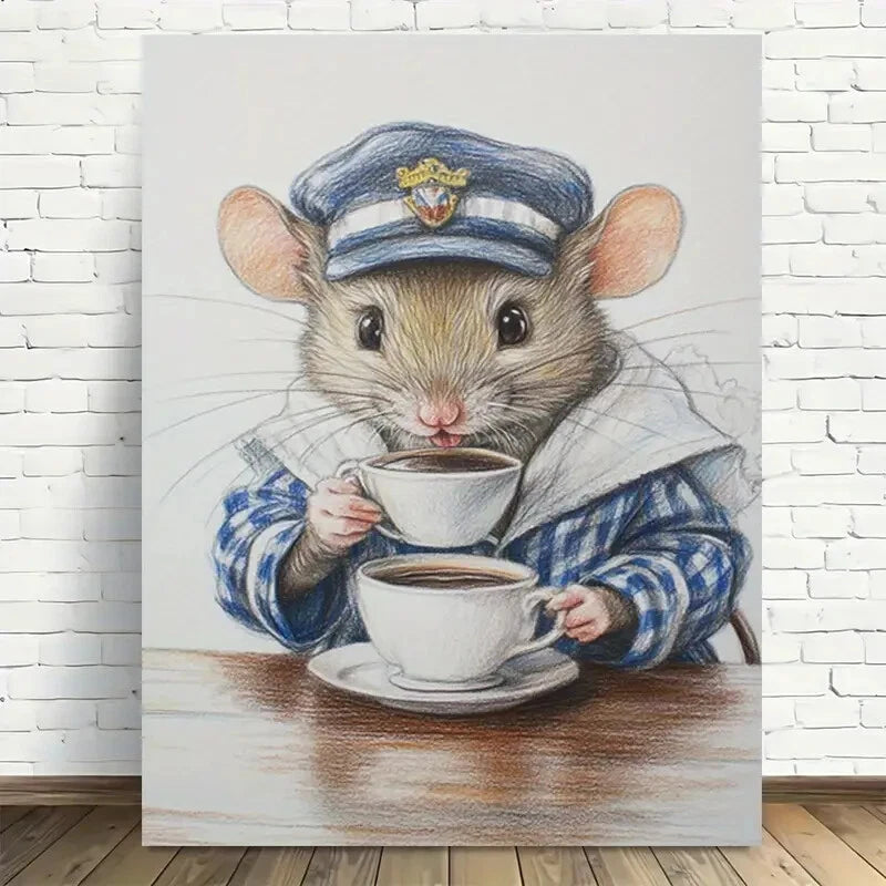 Beautiful Cozy Mouse Tea Time Vintage Painting 40x60cm Metal Print Ready to Hang - Bella Home Decor