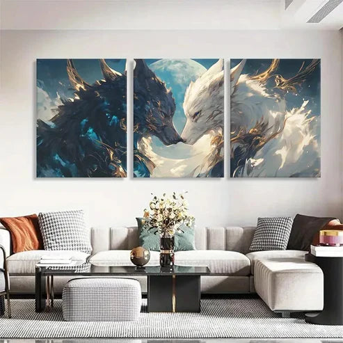 3pcs Mystical Wolf Face-Off with Moon Wall Art Canvas Unframed - High Quality Print 100% Australian Made Wall Canvas
