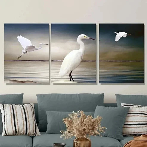 3pcs White Egret Triptych Paintings Wall Art Set Canvas Unframed - High Quality Print 100% Australian Made Wall Canvas