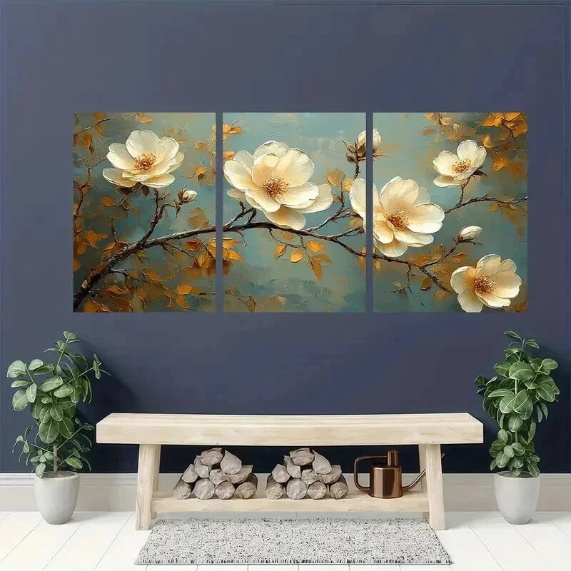 3pcs Classic White Flower & Golden Leaf Wall Art Set Canvas Framed 60x90cm - High Quality Print 100% Australian Made Wall Canvas Ready to Hang - Bella Home Decor