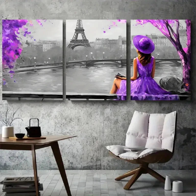 3pcs Eiffel Tower Scene Purple Dress Wall Art Set Canvas Framed 40x60cm - High Quality Print 100% Australian Made Wall Canvas Ready to Hang