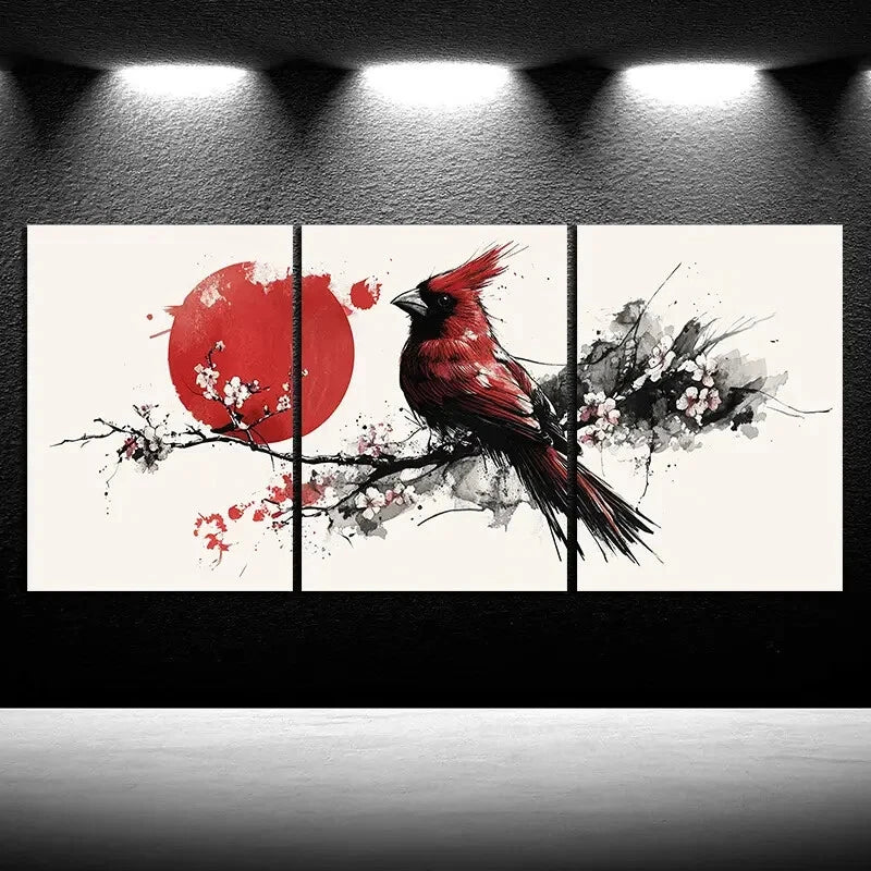 3pcs Birds on Plum Blossom Branches Red Moon Metal Print Ready to Hang Art - Bella Home Decor