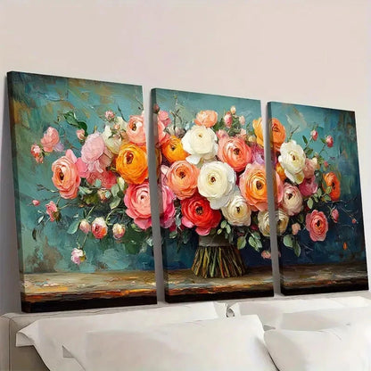 3pcs Vibrant Roses & Peonies in Blue Vase  RP   Wall Art Set Canvas Framed 60x90cm - High Quality Print 100% Australian Made Wall Canvas Ready to Hang