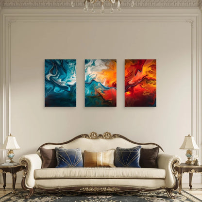 3pcs Teal Blue Fiery Red Orange Abstract Wall Art Set Canvas Framed 40x60cm - High Quality Print 100% Australian Made Wall Canvas Ready to Hang