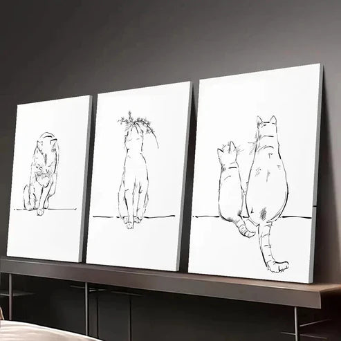 3pcs Black & White Cat Sketch Line Wall Art Canvas Unframed - High Quality Print 100% Australian Made Wall Canvas - Bella Home Decor