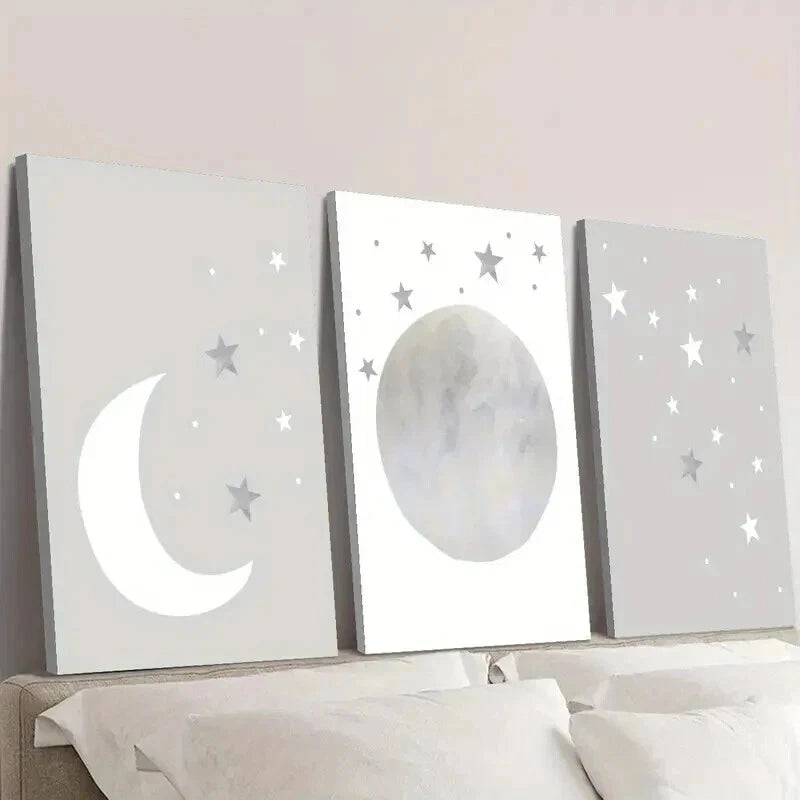 3pcs Neutral Gray Moon and Stars Wall Art Set Canvas Framed 40x60cm - High Quality Print 100% Australian Made Wall Canvas Ready to Hang