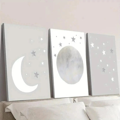 3pcs Neutral Gray Moon and Stars Wall Art Set Canvas Framed 40x60cm - High Quality Print 100% Australian Made Wall Canvas Ready to Hang
