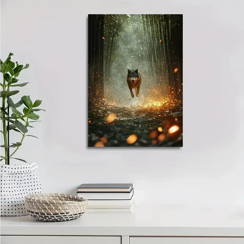Realistic Wolf In Bamboo Grove with Glowing Painting 40x60cm Metal Print Ready to Hang - Bella Home Decor