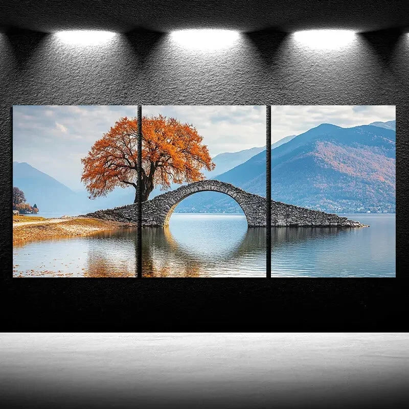 3pcs The Stone Bridge on The Lake Metal Print Ready to Hang Art