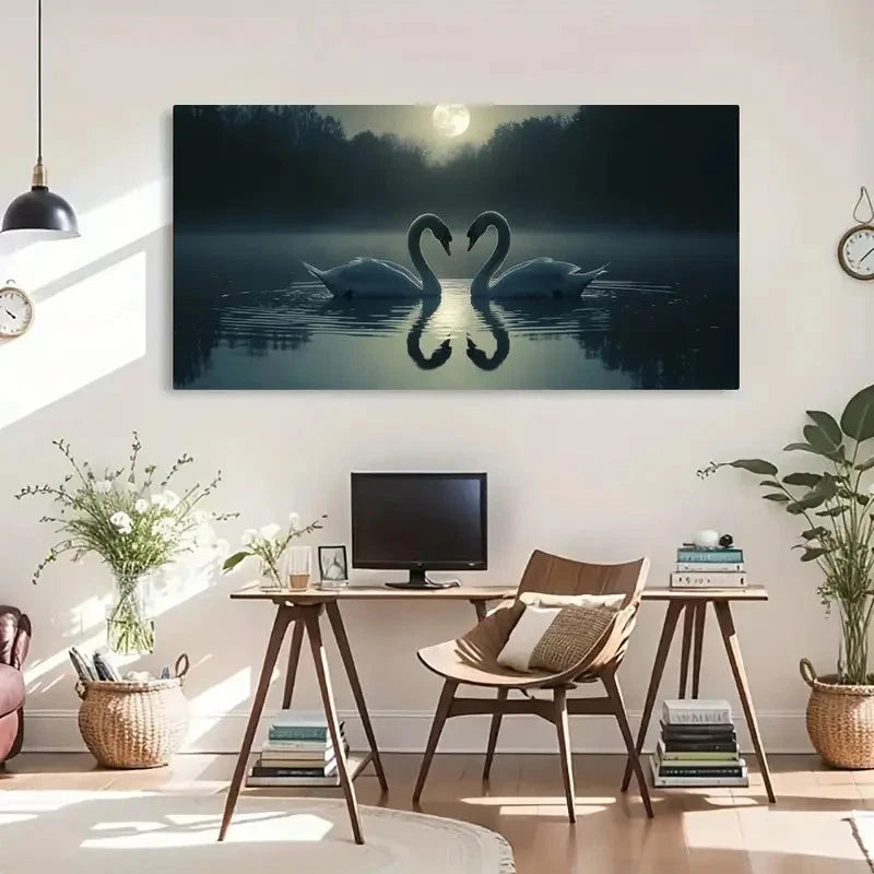 Black & White Vintage Swan Wall Art Canvas Office Home Room Framed 120x60cm