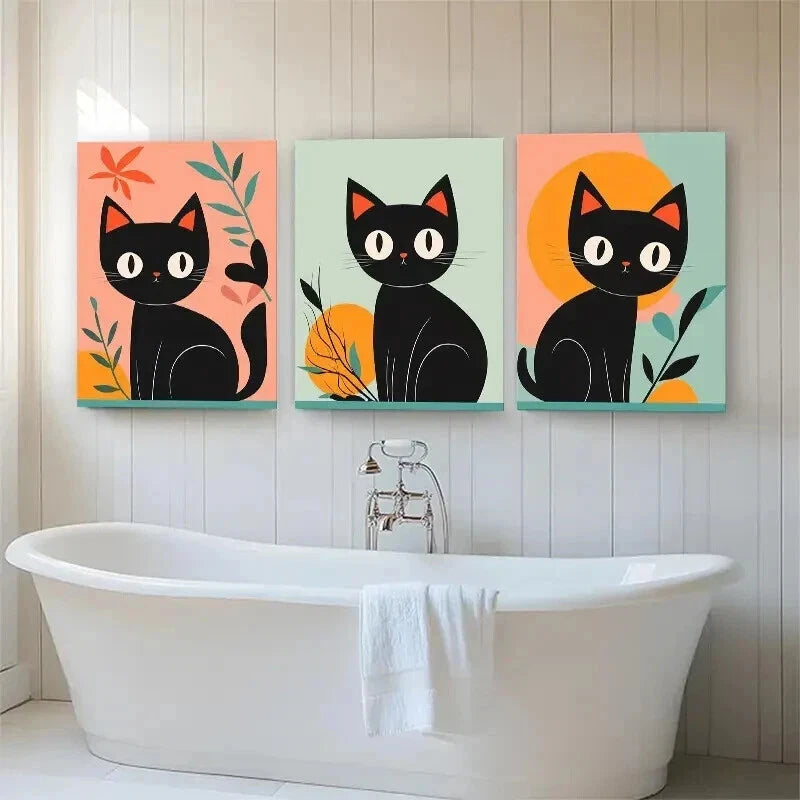 3pcs Adorable Black Cat Aesthetic Color Perfect Wall Art Set Canvas Framed 60x90cm - High Quality Print 100% Australian Made Wall Canvas Ready to Hang - Bella Home Decor