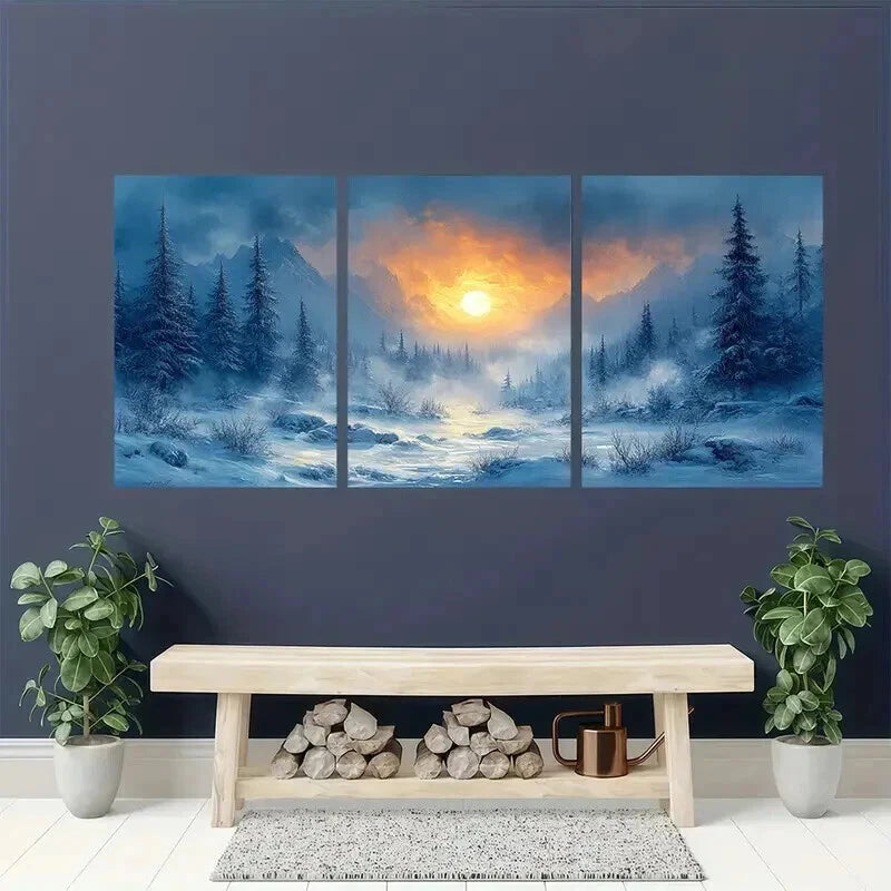 3pcs Snowy Forest and Mountain Scenery with Sun Wall Art Set Canvas Framed 60x90cm - High Quality Print 100% Australian Made Wall Canvas Ready to Hang - Bella Home Decor
