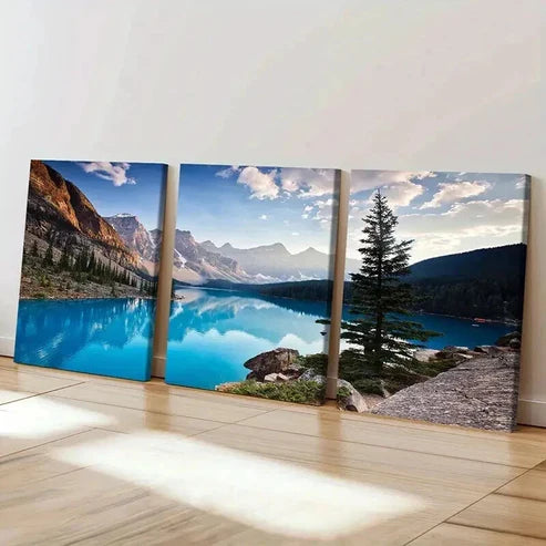 3pcs Vibrant Mountain Lake Scenery Tranquil Sky Wall Art Canvas Unframed - High Quality Print 100% Australian Made Wall Canvas