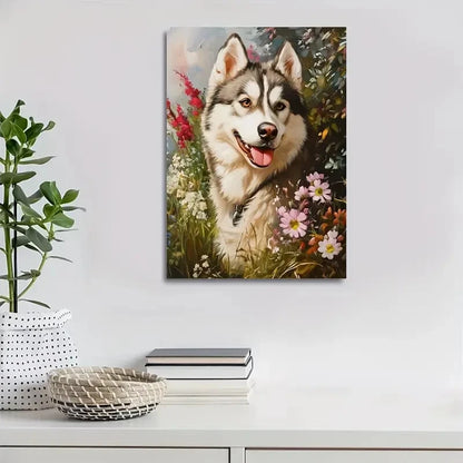 Charming Alaskan Malamute with Flowers Painting 40x60cm Metal Print Ready to Hang - Bella Home Decor