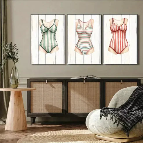 3 PCS Vintage Style Swimsuit Triptych Wall Art Set Canvas Unframed - High Quality Print 100% Australian Made Wall Canvas - Bella Home Decor