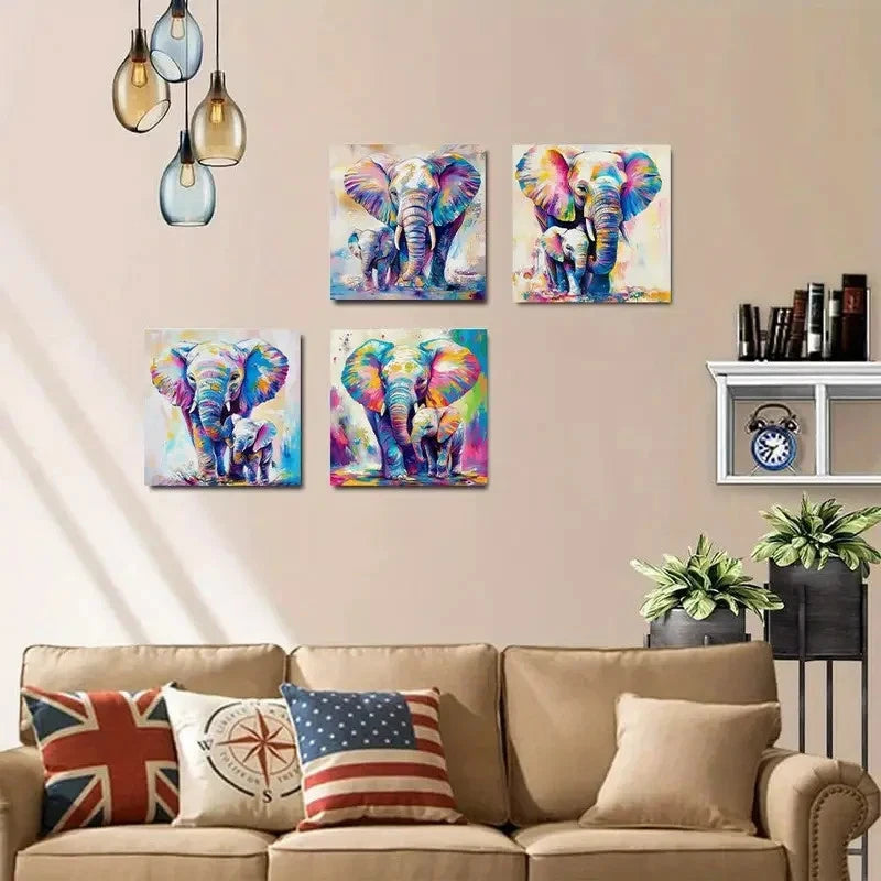 4pcs Colorful Elephant Family Design Wall Art Canvas Framed