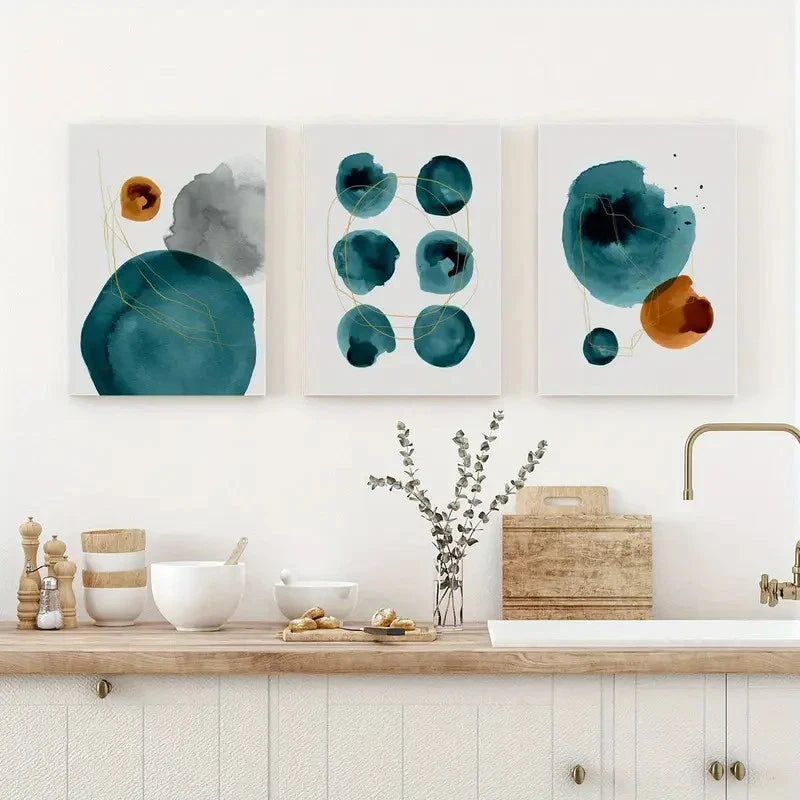 3pcs Geometric Abstract in Teal Gray and Orange Metal Print Ready to Hang Art - Bella Home Decor