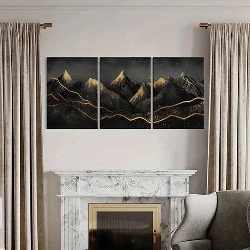 3pcs Mountains Night Sky Golden Lines Sparkles Wall Art Canvas Unframed - High Quality Print 100% Australian Made Wall Canvas