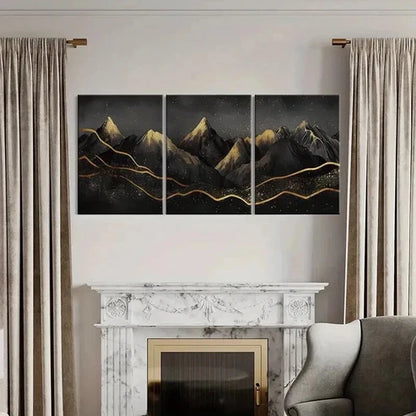 3pcs Mountains Night Sky Golden Lines Sparkles Wall Art Canvas Unframed - High Quality Print 100% Australian Made Wall Canvas