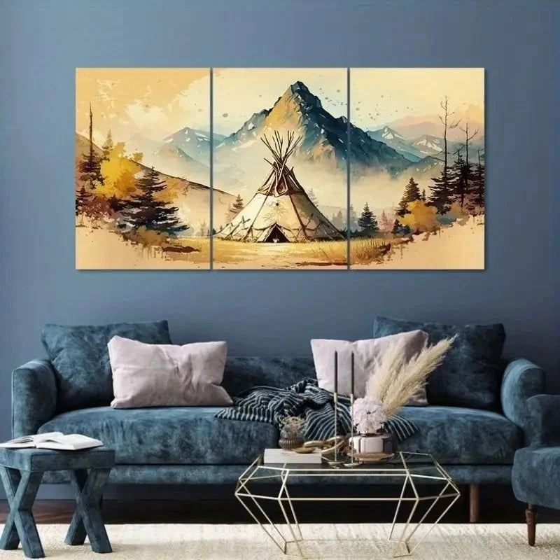 3pcs Native American Tipi Electricity    Wall Art Canvas  Framed 60x90cm - High Quality Print 100% Australian Made Wall Canvas Ready to Hang