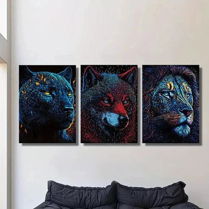3pcs Panther Wolf & Lion Neon Jungle Beast Wall Art Set Canvas Unframed - High Quality Print 100% Australian Made Wall Canvas