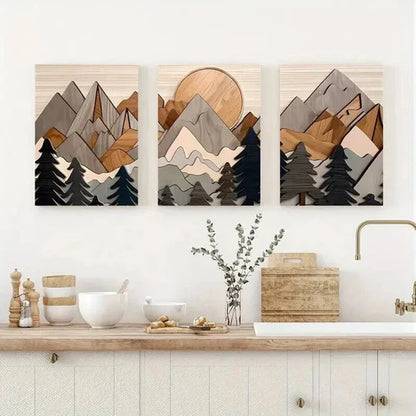3pcs Nature Landscape Trees Mountains Sun Wall Art Canvas Unframed - High Quality Print 100% Australian Made Wall Canvas