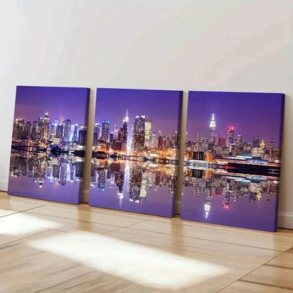 3pcs Night View Skyline & Buildings Wall Art Set Canvas Framed 60x90cm - High Quality Print 100% Australian Made Wall Canvas Ready to Hang