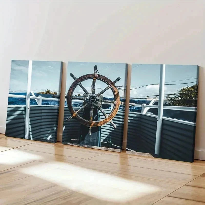 3pcs Nautical Rudder Ship Portrait Wall Art Set Canvas Framed 40x60cm - High Quality Print 100% Australian Made Wall Canvas Ready to Hang