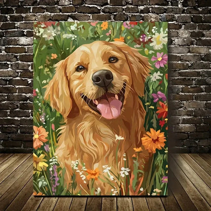 Charming Golden Retriever Dog with Flowers Painting 40x60cm Metal Print Ready to Hang - Bella Home Decor