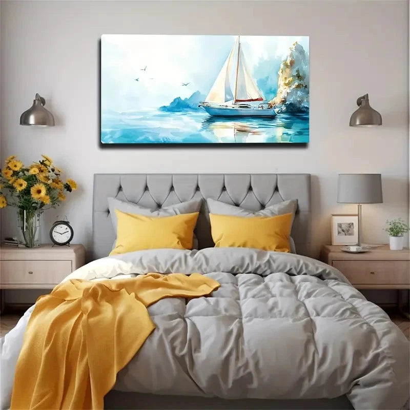 Abstract Coastal Sailboat Sea Wall Art Canvas Office Home Room Framed 120x60cm