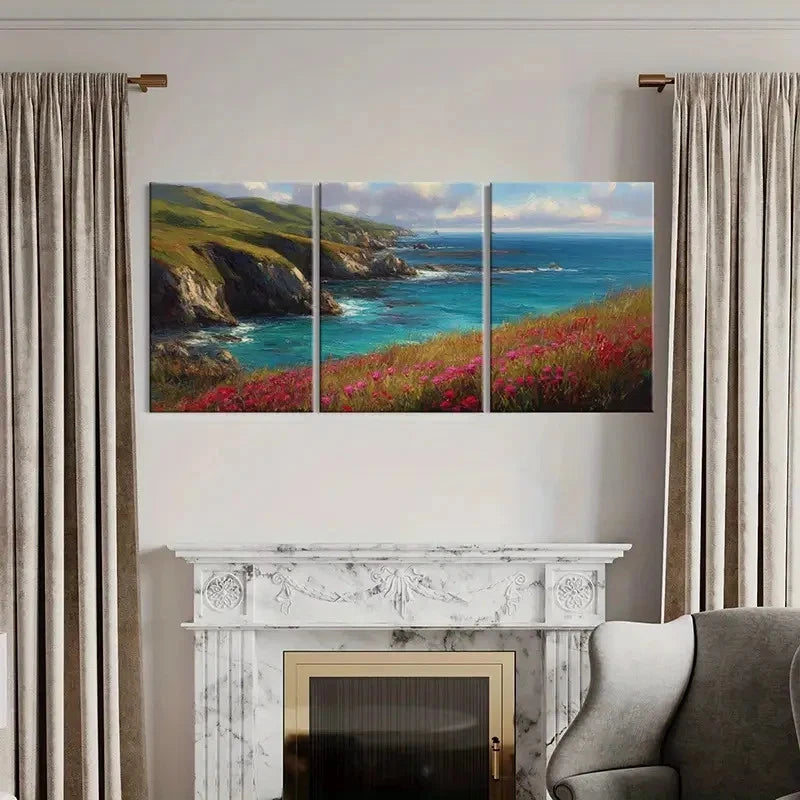 3pcs Bells Beach Australia Waves & Flowers  Wall Art Set Canvas Framed 50x70cm - High Quality Print 100% Australian Made Wall Canvas Ready to Hang - Bella Home Decor