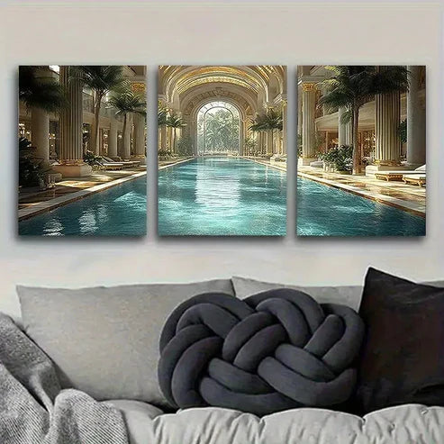 3pcs Luxury Indoor Pool Vintage Wall Art Canvas Unframed - High Quality Print 100% Australian Made Wall Canvas - Bella Home Decor