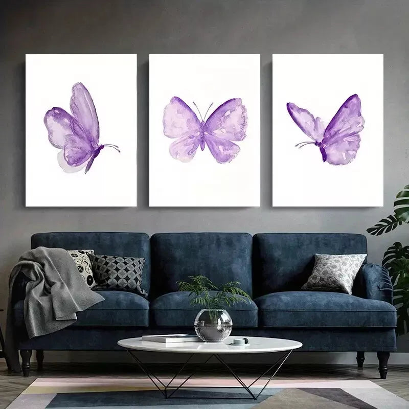 3pcs Butterfly Wall Art Set- Vibrant Purple Canvas Framed 40x60cm - High Quality Print 100% Australian Made Wall Canvas Ready to Hang - Bella Home Decor
