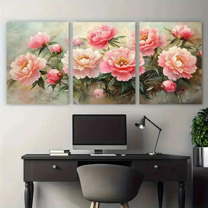 3pcs Vintage Floral Pink Peonies Lilies Perfect Wall Art Set Canvas Framed 50x70cm - High Quality Print 100% Australian Made Wall Canvas Ready to Hang