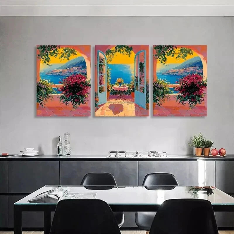 3pcs Mediterranean Seaside View Coastal Perfect Wall Art Set Canvas Framed 50x70cm - High Quality Print 100% Australian Made Wall Canvas Ready to Hang