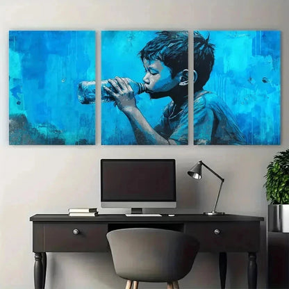 3pcs Southeast Asian Street Boy Drinking Perfect Wall Art Set Canvas Framed 50x70cm - High Quality Print 100% Australian Made Wall Canvas Ready to Hang