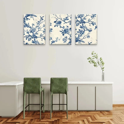 3pcs Blue and White Vintage Floral Style Wall Art Set Canvas Framed 60x90cm - High Quality Print 100% Australian Made Wall Canvas Ready to Hang