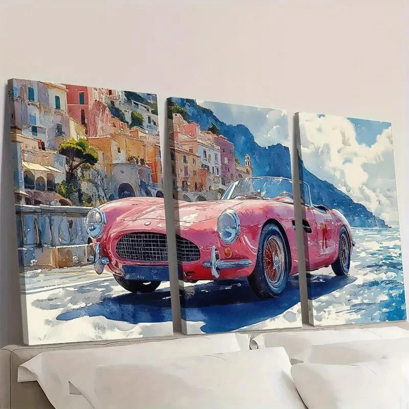 3pcs Retro Pink Italian Car on Coastal Road Wall Art Set Canvas Framed 60x90cm - High Quality Print 100% Australian Made Wall Canvas Ready to Hang - Bella Home Decor