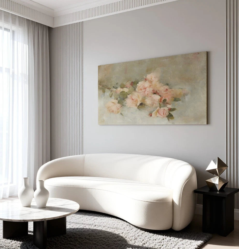 Vintage Pink Rose Painting Pastel Wall Art Canvas Office Home Framed 120x60cm