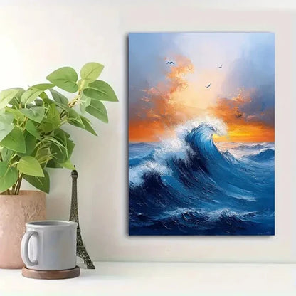 Beautiful Abstract Blue Ocean Vibrant Sunset Painting 60x90cm Metal Print Ready to Hang