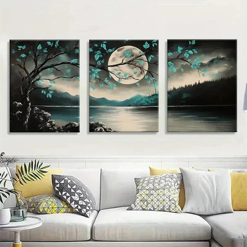3pcs Tranquil Moonlit Forest Lake And Tree Wall Art Set Canvas Unframed - High Quality Print 100% Australian Made Wall Canvas