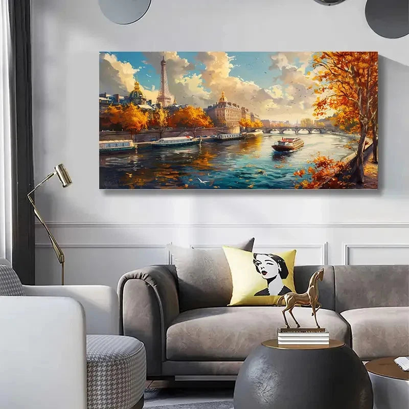 Retro Autumn Village Wall Art Canvas Office Home Room Framed 120x60cm
