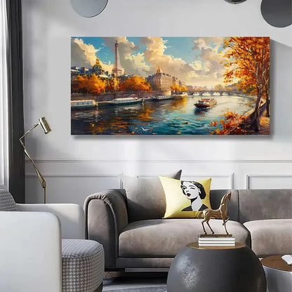 Retro Autumn Village Wall Art Canvas Office Home Room Framed 120x60cm