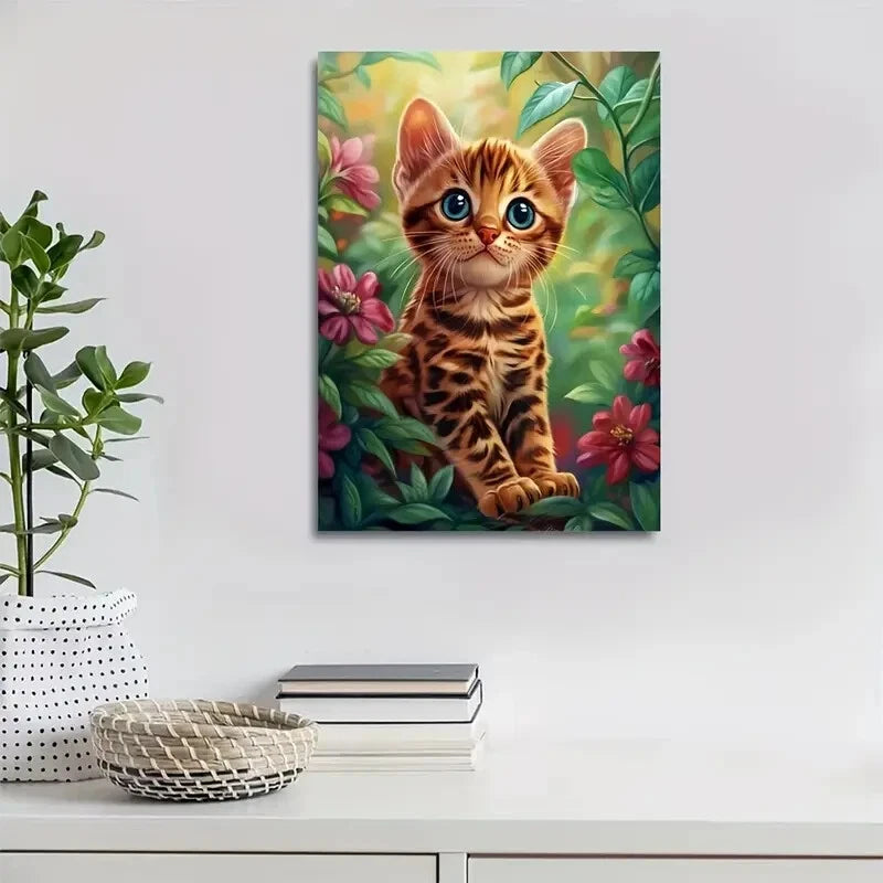 Flowers And Plants Cute Bengal Kitten Painting 40x60cm Metal Print Ready to Hang - Bella Home Decor