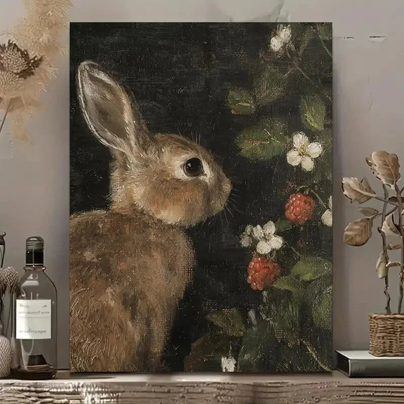Vintage Rabbit Farmhouse Painting 40x60cm Metal Print Ready to Hang