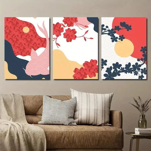 3pcs Japanese Flower Animal & Fish Illustration Wall Art Set Canvas Unframed - High Quality Print 100% Australian Made Wall Canvas