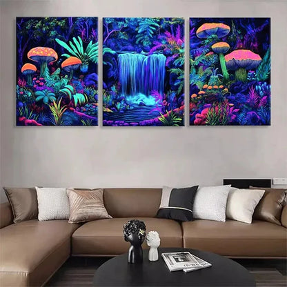 3pcs Neon Forest Waterfall Vibrant Wall Art Canvas Unframed - High Quality Print 100% Australian Made Wall Canvas
