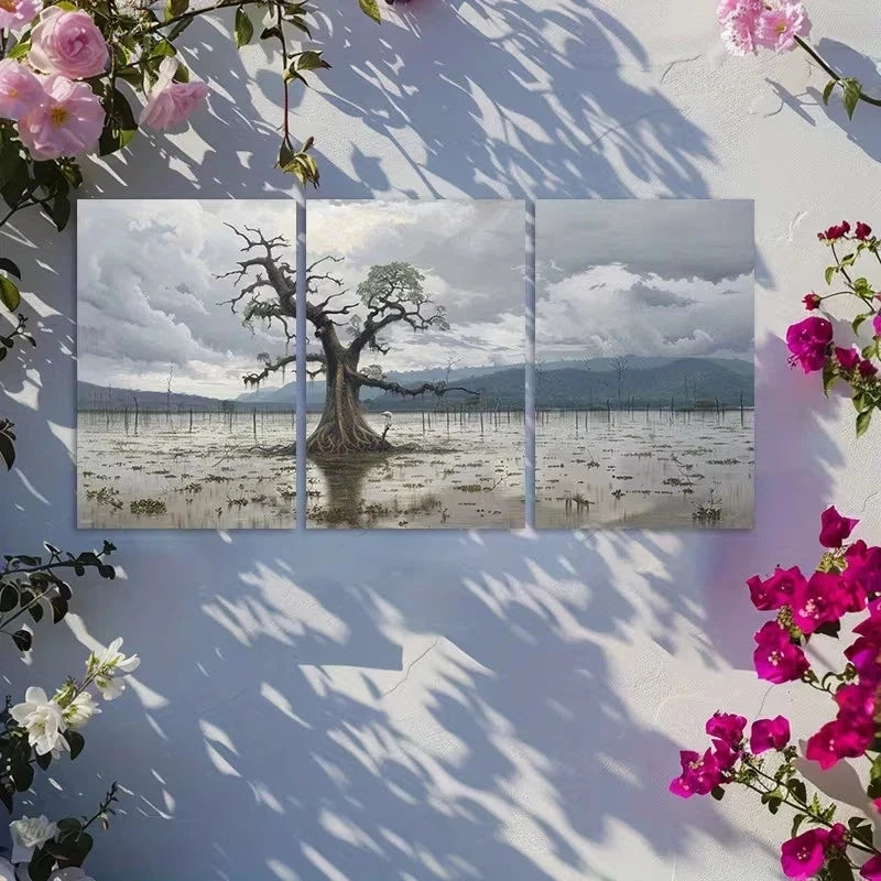 3pcs Solitary Mangrove Tree in a Body of Water Metal Print Ready to Hang Art