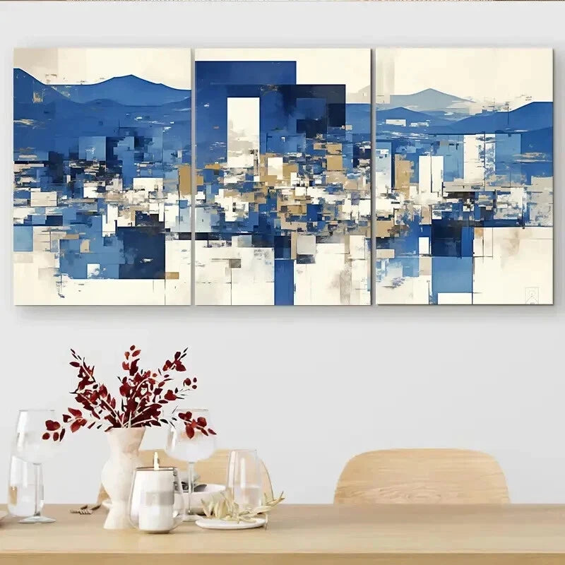 3pcs Blue & Golden Geometric Shapes Perfect Wall Art Set Canvas Framed 60x90cm - High Quality Print 100% Australian Made Wall Canvas Ready to Hang - Bella Home Decor